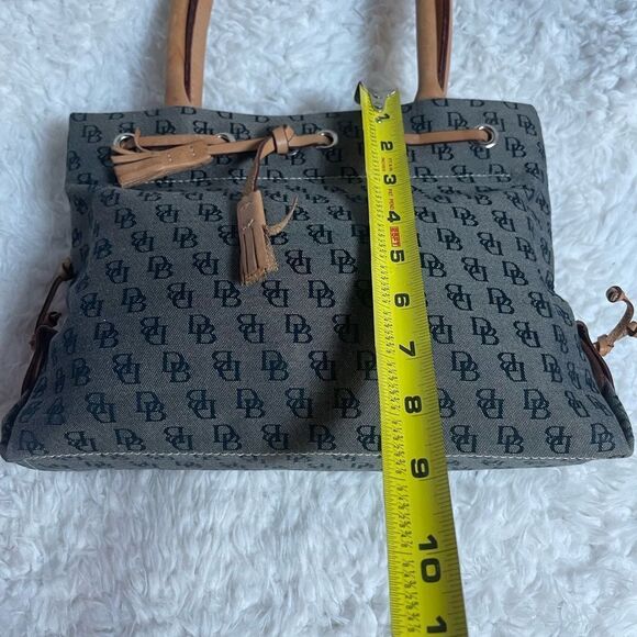 Dooney & Bourke small gray canvas logo tan leather straps and tassels.satchel. - Picture 9 of 12